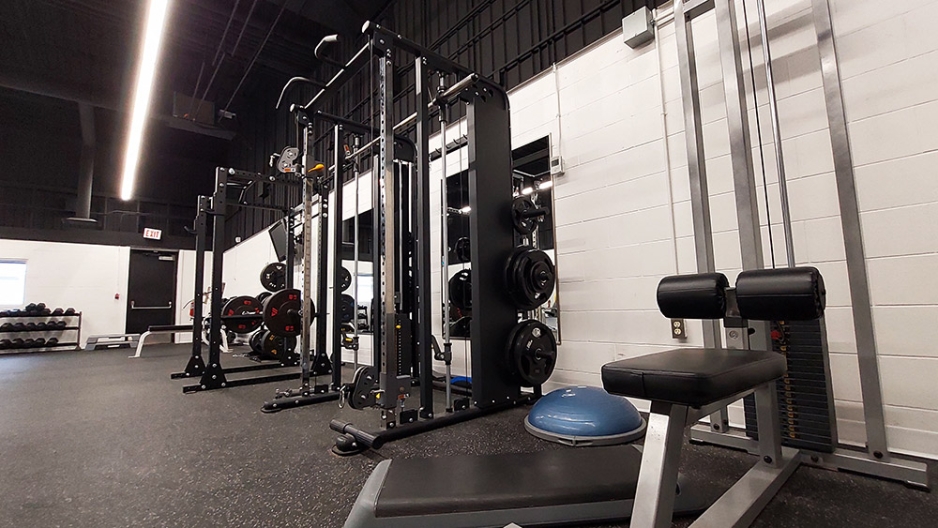 Weight lifting machines positioned alongside a wall with mirrors behind them.